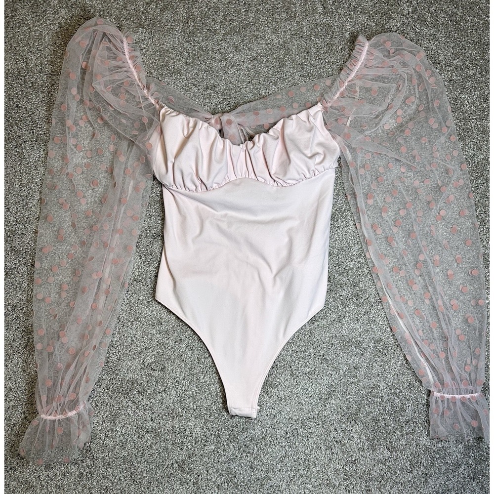 Intimately Free People Apple Blossom Polka Dot Mesh Sleeve Bodysuit XS NWT